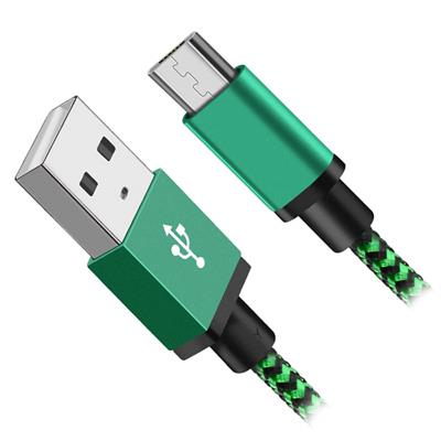 Grön tygklädd sladd med USB och micro USB, 2 meter lång - SLUTSÅLD - EOL