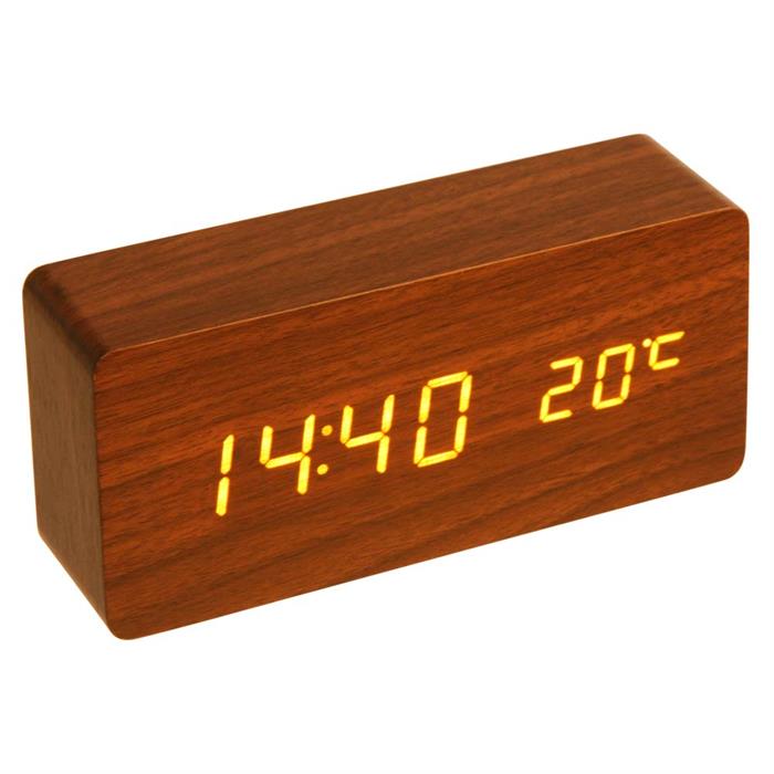 Elegant LCD klocka med vita siffror i mörk trä-look
