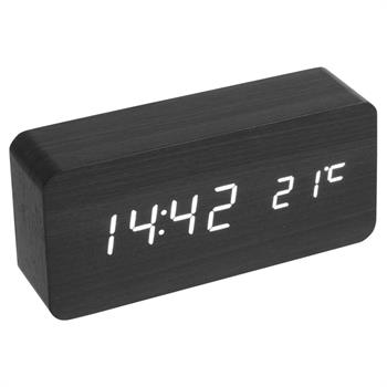 Elegant LCD klocka med vita siffror i svart trä-look