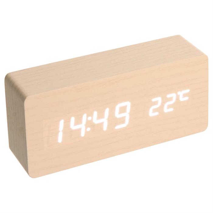 Elegant LCD klocka med vita siffror i vitt trä-look