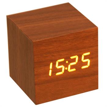 LCD klocka, kub med gula siffror i mörk trä-look