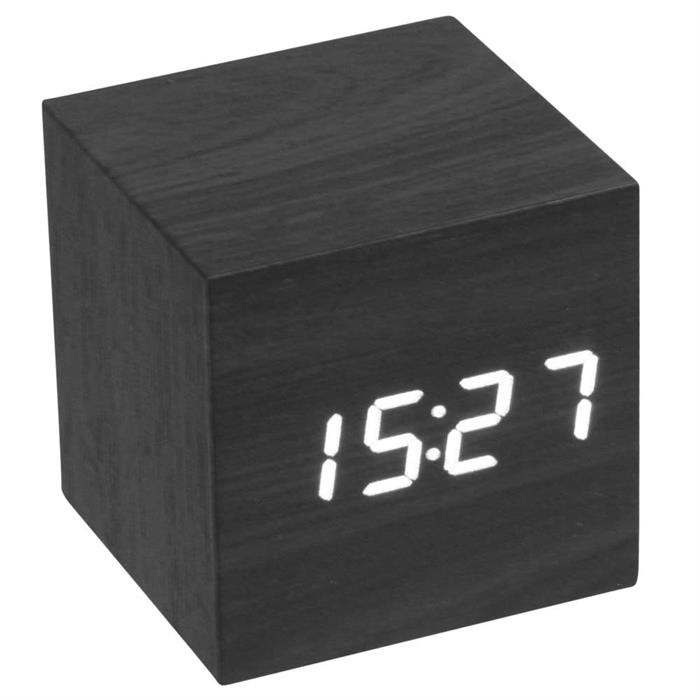 LCD klocka, kub med vita siffror i svart trä-look