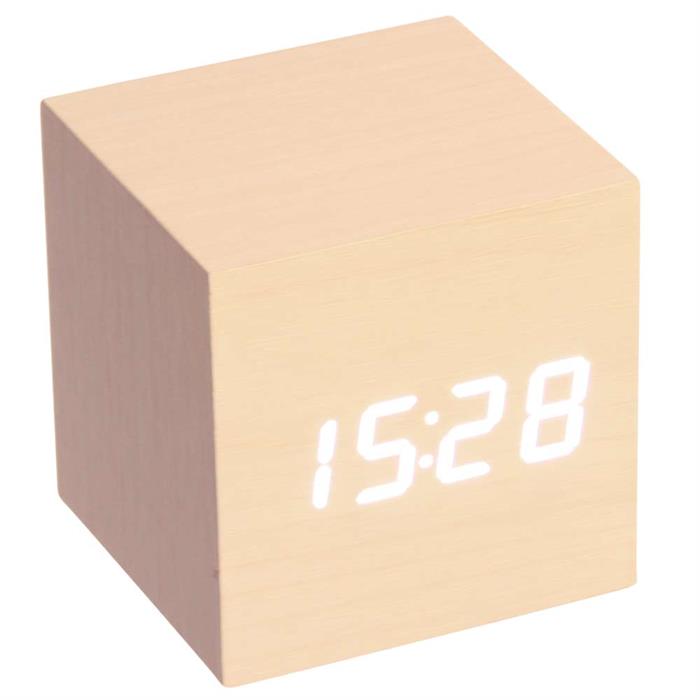 LCD klocka, kub med vita siffror i vitt trä-look